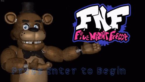 a freddy bear stands in front of the fnf logo