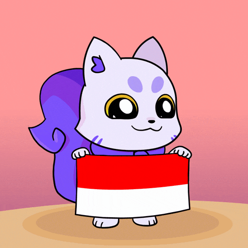 a cartoon drawing of a cat holding a red and white flag