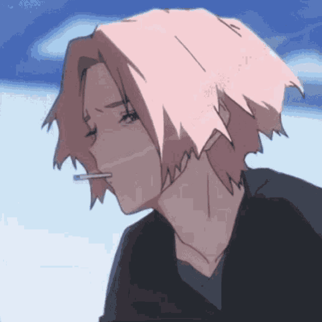 a girl with pink hair is smoking a cigarette in a cartoon .