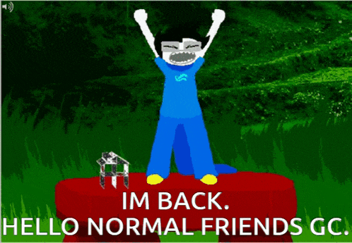 a cartoon of a person standing on a rock with the words im back hello normal friends gc.