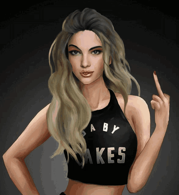 a woman wearing a crop top that says baby hakes is giving the middle finger