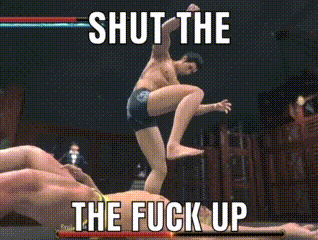 a man is jumping in the air with the words shut the the fuck up behind him