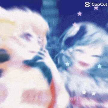 two anime girls are standing next to each other in a blurry photo with the caption merrily ever after online