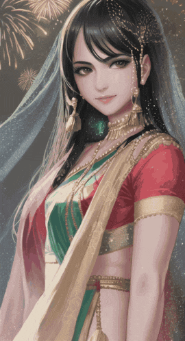 a painting of a woman in a red and gold outfit with fireworks in the background