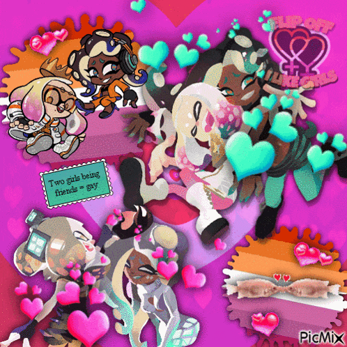 two girls being friends = gay is written on a pink background surrounded by hearts
