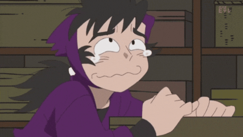 a cartoon of a man with a purple shirt and a purple hair