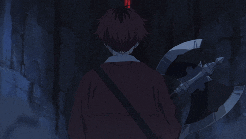 a man with red hair is holding a large axe in his hand