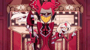 a cartoon character in a red suit is standing in front of a sign that says .