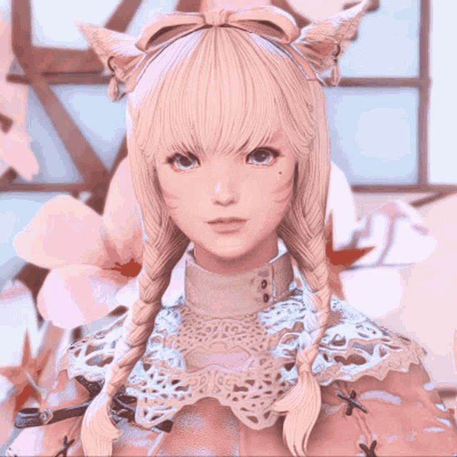 a girl with blonde hair and cat ears is wearing a white collar