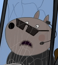 a cartoon character wearing sunglasses and a headset is looking out a broken window