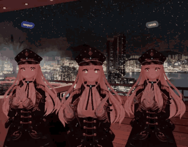 three anime girls are standing in front of a city skyline and a sign that says newport on it