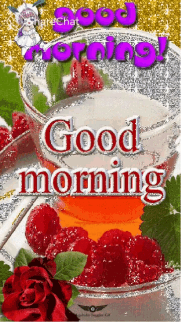 a greeting card that says good morning with a cup of raspberries