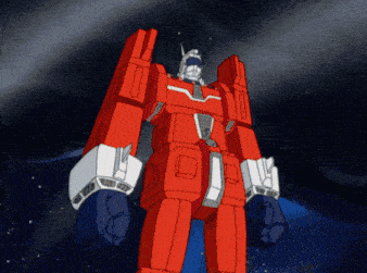 a red robot with the number 10 on it 's chest stands in space