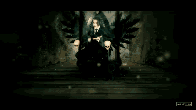 a man in a suit and tie is smoking a cigarette in a video that says out of line at the bottom