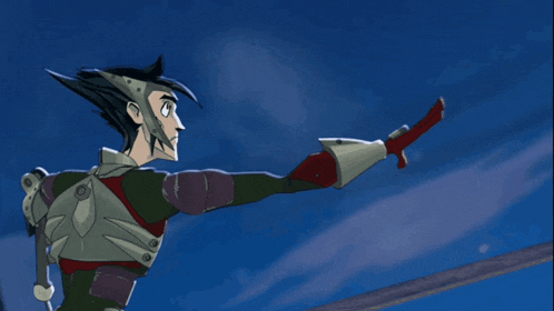 a cartoon character with a sword in his hand against a blue sky
