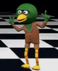 a green duck mascot is standing on a checkered floor giving the middle finger