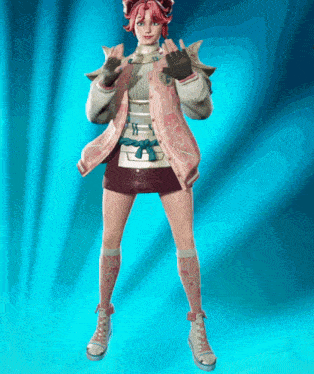 a girl with pink hair is wearing a pink jacket with the letter s on it