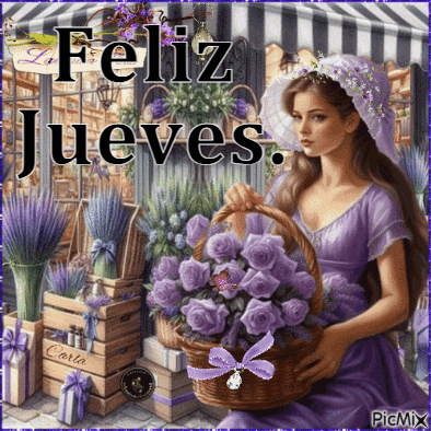 a picture of a woman holding a basket of purple flowers with the words feliz jueves