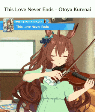a picture of a girl playing a violin with the words this love never ends below her