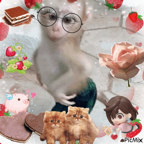 a picture of a monkey with glasses surrounded by cats and strawberries with the caption picmix