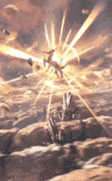 a painting of a person standing on top of a rocky cliff with a huge explosion coming from it .