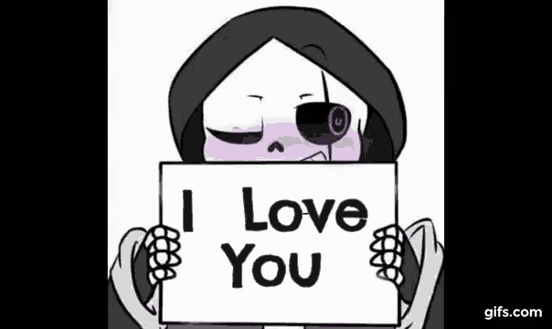 a skeleton holding a sign that says `` i love you '' .