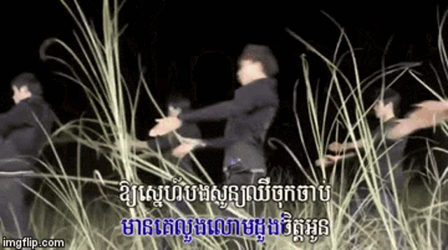 a group of people are dancing in a field with foreign writing