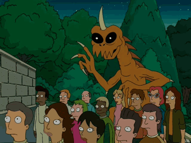 a group of people are looking at a cartoon monster