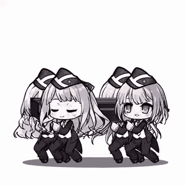 a couple of anime girls are standing next to each other holding guns .