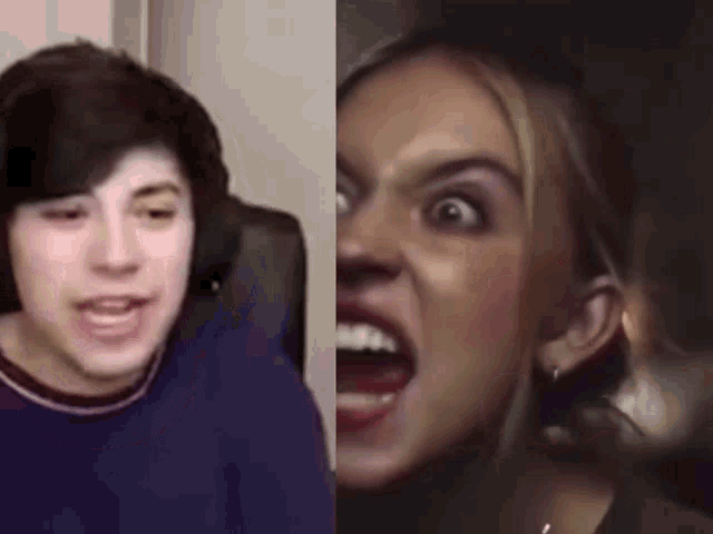 a man and a woman are making funny faces .