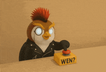 a cartoon penguin with red eyes is pressing a button that says wen