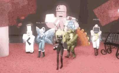a group of cartoon characters are standing next to each other on a pink floor .