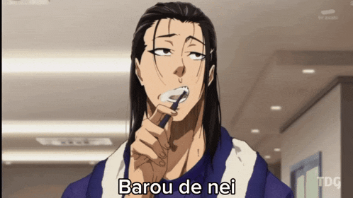 a man with long hair is brushing his teeth and the caption says barou de nei