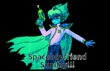 a pixel art drawing of a boy holding a gun with the words spaceboyfriend sunday !!! below him