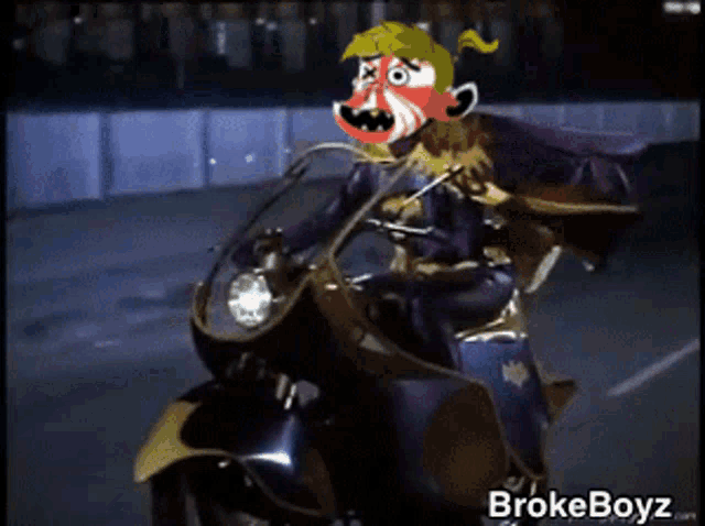 a cartoon character is riding a motorcycle with the website brokeboyz.com visible