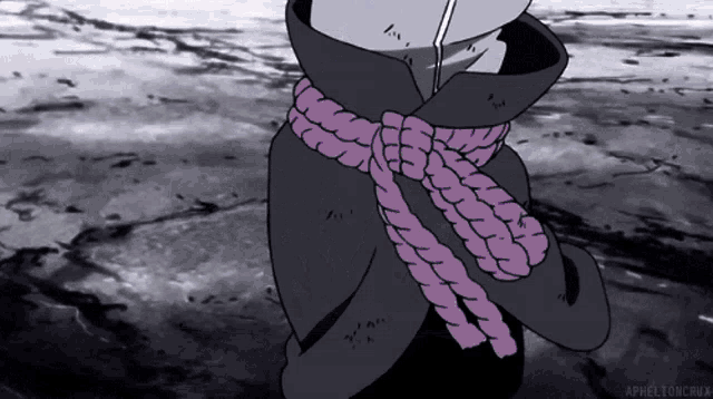 a black and white drawing of a person with purple rope around their neck