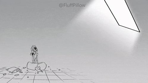 a black and white drawing of a person sitting on a pillow with a light shining on them .