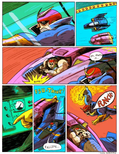 a comic strip shows falcon talking to a man in a pink vehicle