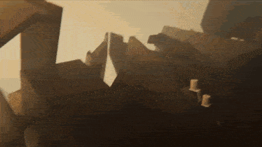 a computer generated image of a cliff with a few candles in the foreground
