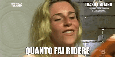 a woman is smiling with the words trash italiano written on the bottom