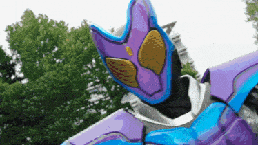 a person in a purple and blue robot costume