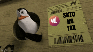 a picture of a penguin next to a sticker that says " skto no tax "