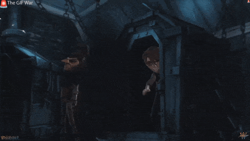 two cartoon characters are looking at each other with the words the gif war visible