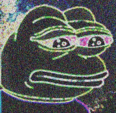 a cartoon of a frog with glasses and a sad face on a black background .