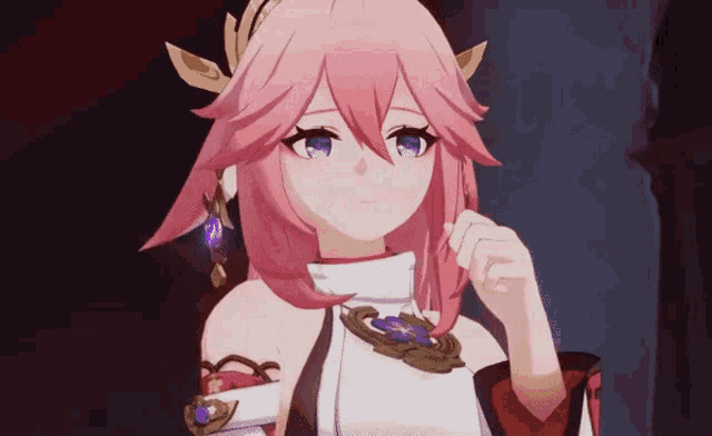 a girl with pink hair and purple eyes is wearing a white shirt
