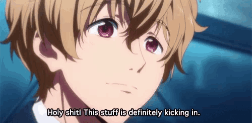 a close up of a boy 's face with the words holy shit this stuff is definitely kicking in