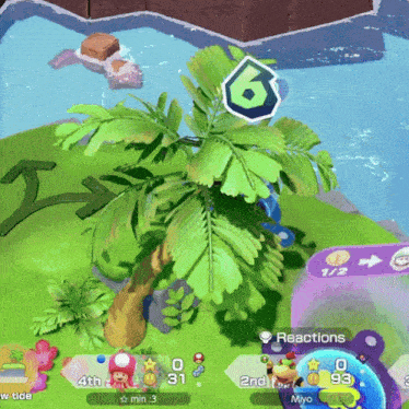 a screenshot of a video game with a palm tree and the number 6