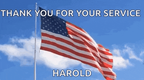 an american flag is waving in the wind with the words `` thank you for your service harold '' written on it .