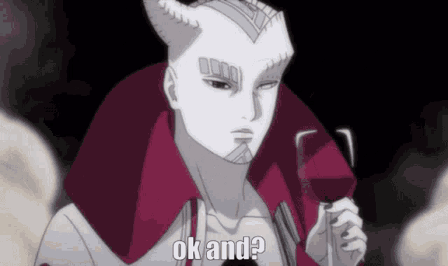 a cartoon character is holding a glass of wine and saying ok and .