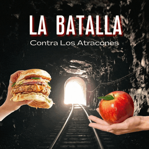 a poster for la batalla contra los atracones shows a hamburger and an apple